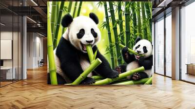 Joyful panda cub chewing bamboo in a lively bamboo forest bursting with life Wall mural