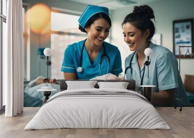 Joyful young Caucasian nurse in a hospital caring for a patient Wall mural