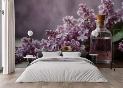 lilac flower background with aroma therapy massage essential oil bottle from Generative AI Wall mural