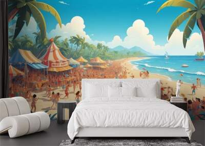 Lively Beach Party Scene Cartoon Background Design Wall mural