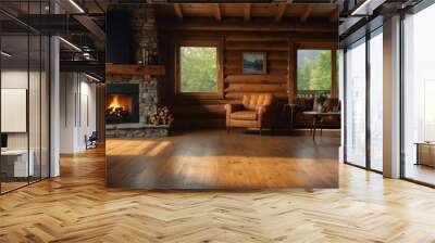 log cabin theme empty living room home interior with wooden floor, fireplace and adequate lighting panoramic wide angle from Generative AI Wall mural