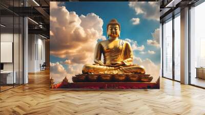 magical cloud sky landscape with giant gold buddha statue from Generative AI Wall mural