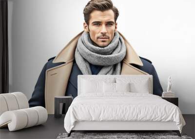 Man wearing wool scarf and peacoat on plain white background Wall mural