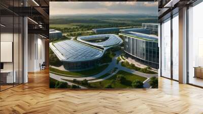 Modern tech park with robotic infrastructure and green energy solutions Wall mural