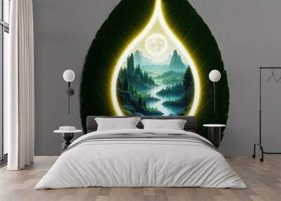 Mystical landscapes nestled inside a glowing leaf on plain black background Wall mural