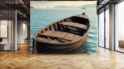 old wooden boat drifting in peaceful waters background art design backdrop Wall mural