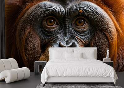 Orangutan closeup of long reddish fur and expressive eyes with plain background Wall mural