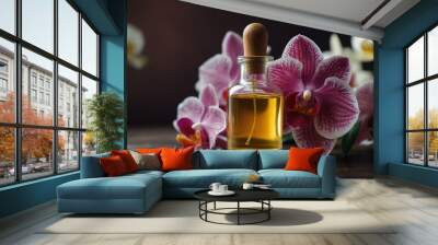 orchid flower background with aroma therapy massage essential oil bottle from Generative AI Wall mural