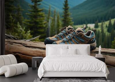 Pair of hiking shoes resting on a log near a mountain trail Wall mural