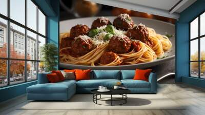 Plate of spaghetti with meatballs background Wall mural