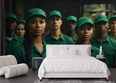 Portrait of diverse my inclusive group of delivery workers on uniform and plain green cap from Generative AI Wall mural