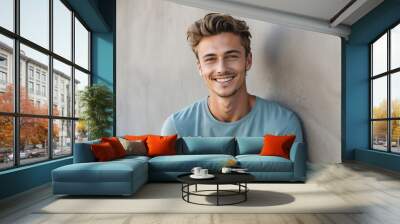 Portrait of young handsome caucasian man smiling happy looking camera with confidence on concrete wall background from Generative AI Wall mural