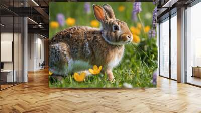 Rabbit closeup hopping through a spring meadow with blooming flowers Wall mural