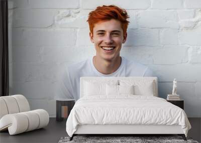 redhead young man white background wearing plain white tshirt smiling happy portrait Wall mural