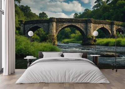 Scenic riverbank with old stone bridge and lush greenery Wall mural