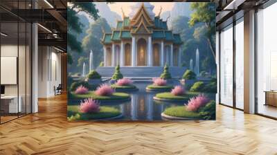 serene temple surrounded by tranquil water gardens background art design backdrop Wall mural