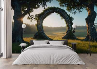 Shimmering portal opening between two ancient trees in a meadow Wall mural