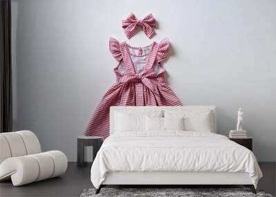 Small pink summer dress for kid girls with bow tie at back on plain white background Wall mural