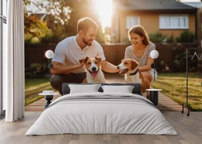 Smiling Father, Mother with Dog. Sun Shines on Idyllic Happy Family with Loyal Pedigree Dog have Fun at the Idyllic Suburban House Backyard from Generative AI Wall mural