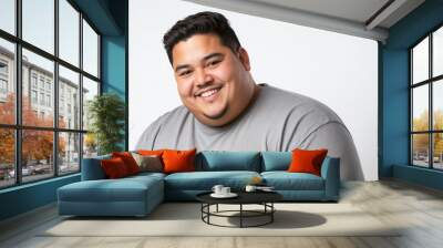 smiling young hispanic overweight man studio portrait on plain white background from Generative AI Wall mural