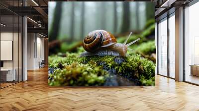 Snail closeup sliding over moss covered rocks in a foggy forest Wall mural