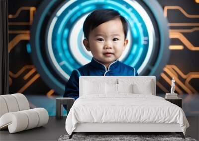 southeast asian toddler boy futuristic tech bright background wearing fashion portrait Wall mural