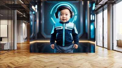 southeast asian toddler boy futuristic tech bright background wearing fashion portrait Wall mural