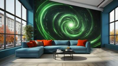 Spinning spiral vortex of neon green light streaks and particles, technology and sci-fi ad concept from Generative AI Wall mural