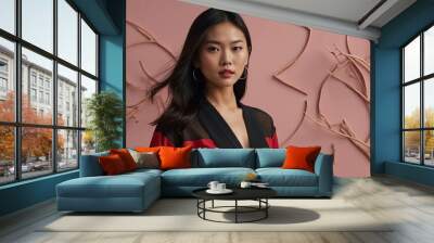 Stylish Asian female model in red midi skirt and black blouse on light pink background Wall mural