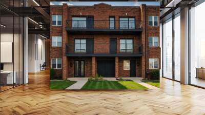 Suburban duplex with brick walls and symmetrical balconies Wall mural