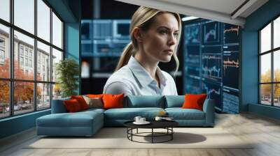 Thoughtful White female using coding interface in modern office background Wall mural