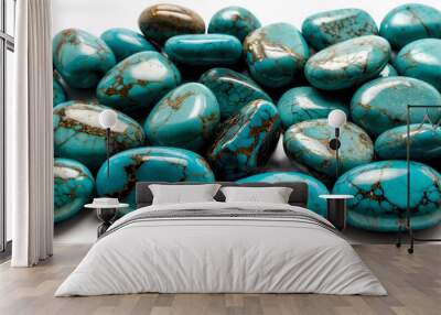 Tumbled turquoise stone on plain white background Wall mural