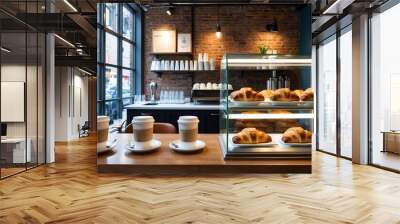 Upscale bakery with minimalist decor and gourmet cupcakes custom cakes on white pedestals soft lighting illuminating the treats Wall mural