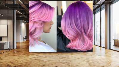 Vibrant pastel gradient hair transitioning from light pink to deep purple Wall mural