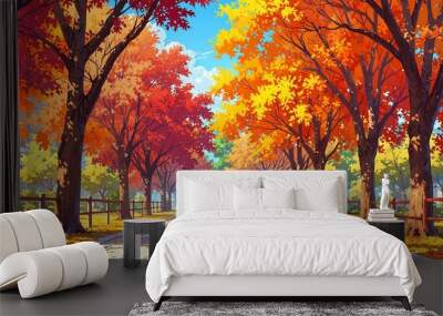 walkway in park at autumn art anime cartoon style background from Generative AI Wall mural