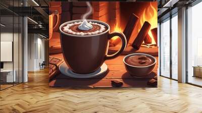 Warm Cocoa by the Fire Cartoon Background Design Wall mural