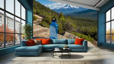 Water bottle on a hiking trail with mountains in the distance Wall mural