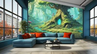 Whimsical Forest Spirit Sanctuary Cartoon Background Design Wall mural