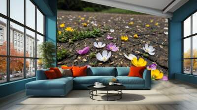 Wildflower petals scattered on the ground after a storm Wall mural