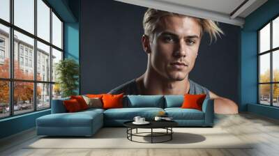 young attractive blonde guy fitness trained lifestyle portrait on plain studio background Wall mural