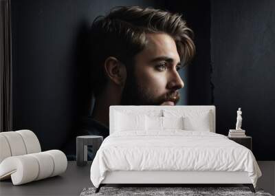 young bearded man peeking on a wall on plain black background from Generative AI Wall mural