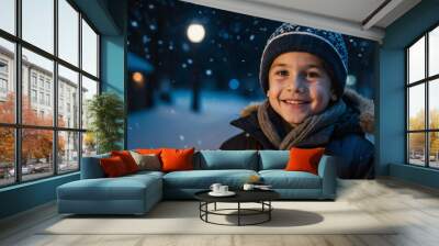 young kid caucasian boy winter night background portrait  Wall mural