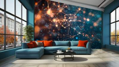 A dark abstract background with a network of glowing lines and dots, creating a futuristic and ethereal atmosphere, with a hint of warmth from the orange glow. Wall mural