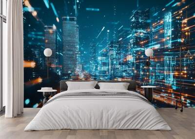 A futuristic cityscape with blue and orange glowing lines connecting buildings. Wall mural