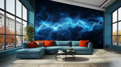 Blue electric lightning on black background, abstract energy and electricity concept. Wall mural