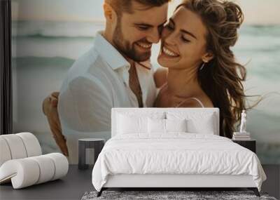 a joyful photo capturing a loving couple sharing a happy moment together on a beautiful beach, celeb Wall mural