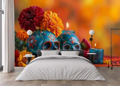 A vibrant and cultural Dia de los Muertos scene featuring sugar skulls, marigold flowers, and candles against a bright orange background Wall mural