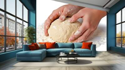 Baker kneading dough for bread making with white flour Wall mural