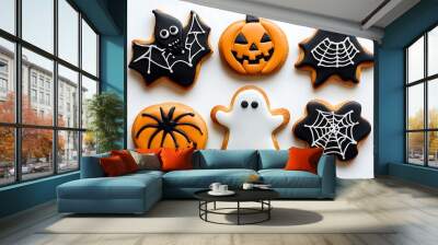 Delicious halloween cookies decorated with icing lying on white surface Wall mural