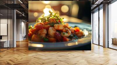 Delicious shrimps with tomatoes and herbs served on plate for dinner in a restaurant at sunset Wall mural